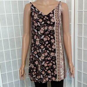 Spoiled Floral Print V Neck Cami Tunic Tank Top Black Pink Size S